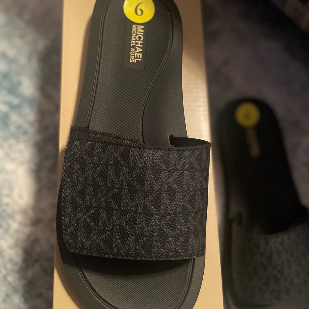 Michael Kors Black Textured Slide Sandals